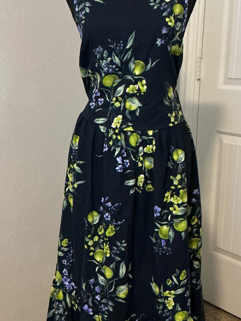 Time and Tru Navy Blue Midi Dress with Lime Green & Lavender Floral Print